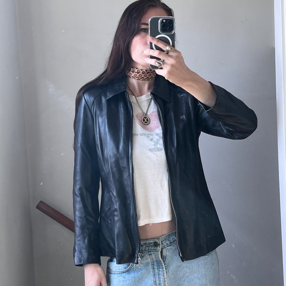 Vintage Black Leather Jacket Zip Up Sleek 90s Minimalist Biker Chic Size Small - Picture 2 of 9
